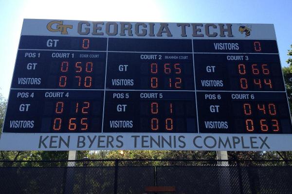 Shown here as "Visitors" on the scoreboard, Mount Mary showed its might in singles competition. Yet Mills' 3-0 doubles sweep proved the difference in the teams' GSAC tournament opener.